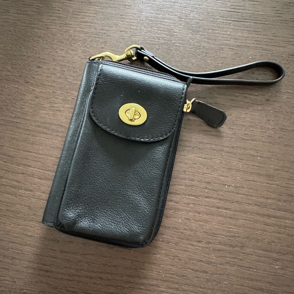 Coach Legacy Black Leather Card Phone Case Brass Hardware